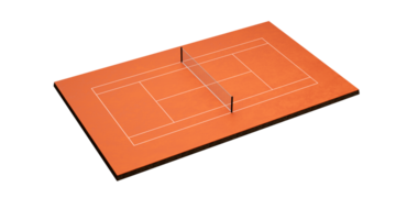 cancha de tenis vista superior de tierra batida campo de cancha con marcas. jugar en la cancha de arcilla roja, red de tenis ilustración 3d png