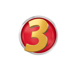 Gold Number 3 Gold Number Three, Rounded Red Icon , 3d illustration png
