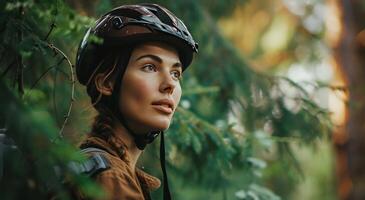 ai generado un hermosa mujer vistiendo un bicicleta casco terminado un verde árbol foto