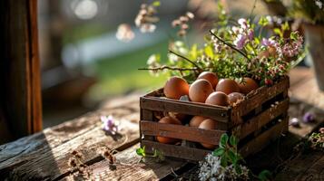 AI generated rustic wooden crate filled with eggs and spring flowers. photo