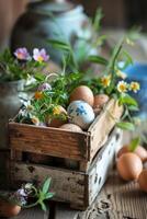 AI generated rustic wooden crate filled with eggs and spring flowers on a wooden table photo