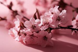 ai generado un rama de el rosado Cereza florecer en un rosado antecedentes foto