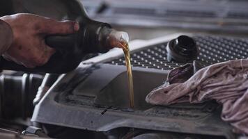mecánico de servicio de mantenimiento de automóviles vertiendo aceite lubricante nuevo en el motor del automóvil. video
