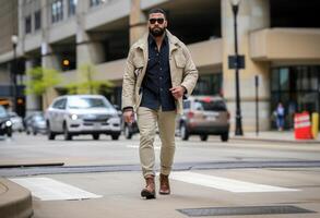 ai generado un masculino con un barba caminando en el calle foto