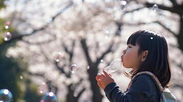 ai generado niño soplo burbujas en un parque con Cereza florecer arboles en el antecedentes foto
