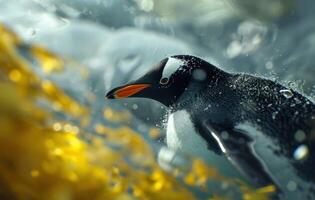 AI generated a penguin is peeking through a glass wall photo