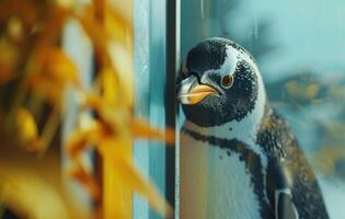 AI generated a penguin is peeking through a glass wall photo