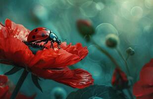 AI generated a ladybug on a red flower above a bright, green background, subtle surrealism photo