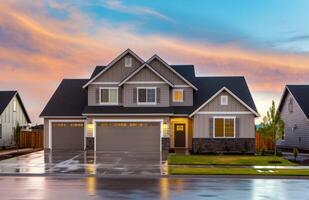 AI generated a home at sunset with a garage attached to it photo