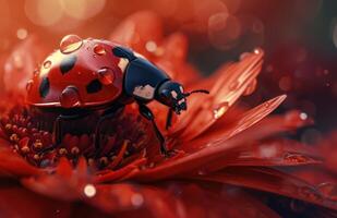 ai generado un rojo dama escarabajo es sentado en parte superior de un rojo flor foto