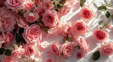 ai generado un grande arreglo de rosado rosas en blanco papel foto