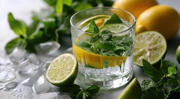 AI generated a glass of lime water with lemon slices and mint photo