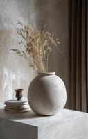 AI generated a grey vase sits on top of a white table photo