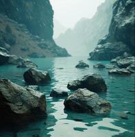 AI generated a lake full of rocks and rocks amidst mountains and rain photo