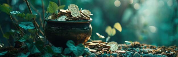 AI generated a pot filled with gold coins that stand on green leaves photo