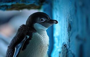 ai generado un pequeño pingüino mira mediante un azul pared foto