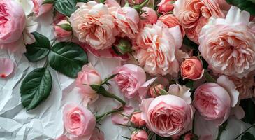 AI generated a large arrangement of pink roses on white paper photo