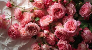 AI generated a large arrangement of pink roses on white paper photo