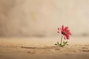 ai generado un pequeño soltero rosado flor es conjunto en contra un beige antecedentes foto