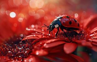 ai generado un rojo dama escarabajo es sentado en parte superior de un rojo flor foto