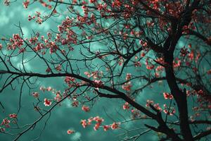 ai generado un árbol cerca hojas con rojo flores debajo un verde antecedentes foto