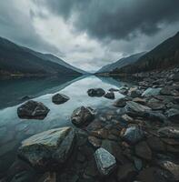 ai generado un todavía lago con rocas y agua en un nublado día foto