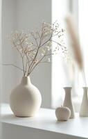 AI generated a vase with dried branches is sitting on a white table photo