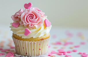 AI generated a white cupcake with pink roses and hearts photo