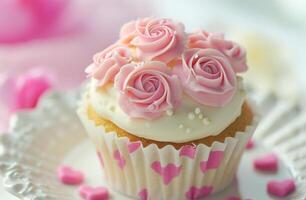 AI generated a white cupcake with pink roses and hearts photo