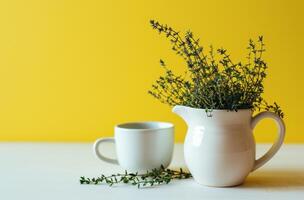 AI generated a white pot, cup and sprig of thyme next to it photo