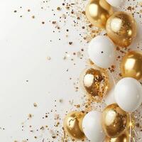 AI generated a white background with gold confetti and gold balloons photo