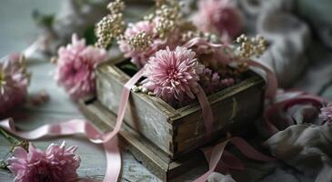 ai generado un pequeño de madera caja sostiene flor con un rosado cinta foto