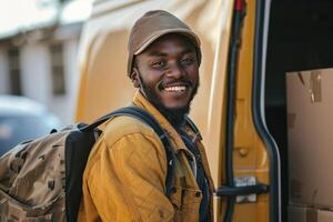 ai generado un sonriente negocio entrega hombre cerca un camioneta y un entrega caja foto