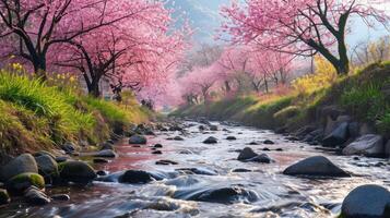 AI generated a tranquil river flowing through a blossoming cherry blossom tree grove photo