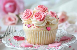 ai generado un blanco magdalena con rosado rosas y corazones foto