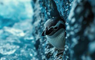 ai generado un pequeño pingüino mira mediante un azul pared foto