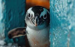ai generado un pequeño pingüino mira mediante un azul pared foto