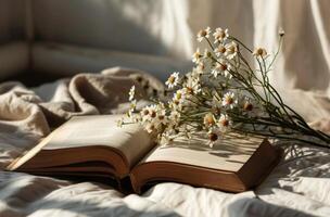 AI generated a white card a flowers in an open book on top of a table photo