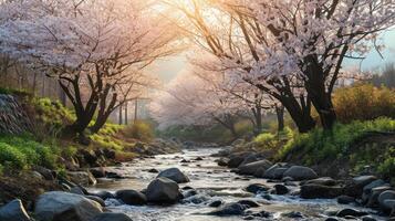 AI generated a tranquil river flowing through a blossoming cherry blossom tree grove photo