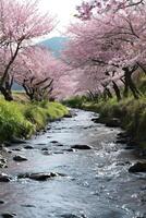 AI generated a tranquil river flowing through a blossoming cherry blossom tree grove photo