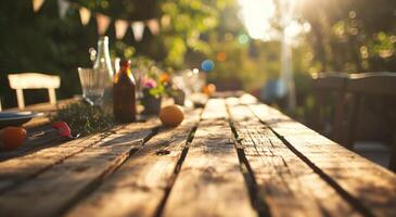 ai generado un de madera mesa ajuste alrededor un al aire libre patio mesa con verderón foto