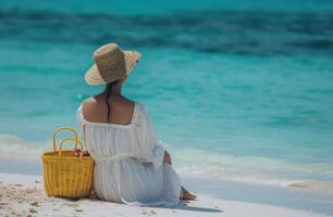 AI generated a woman sitting on the beach wearing a white dress with straw hat photo