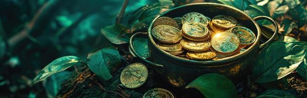 AI generated a pot filled with gold coins that stand on green leaves photo