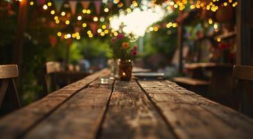 ai generado un de madera mesa ajuste alrededor un al aire libre patio mesa con verderón foto