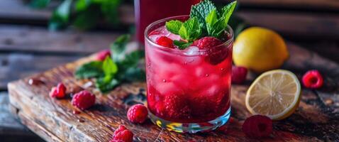 AI generated drink with raspberry, mint leaves and lemon, clean-lined photo