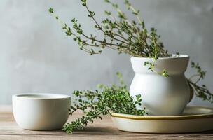 AI generated a white pot, cup and sprig of thyme next to it photo