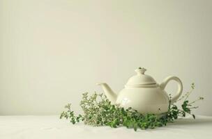 AI generated a white tea pot on top of a white surface with herbs photo