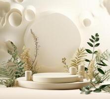 AI generated 3d render of a white round table with plants and flowers photo