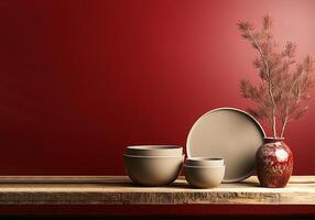 AI generated Ge Empty ceramic tableware on a wooden shelf in front of a red wall. copy spacenerated Image photo