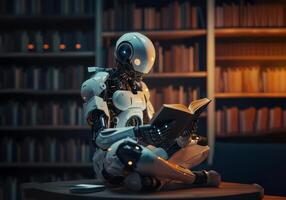 ai generado robot leyendo libro en biblioteca foto